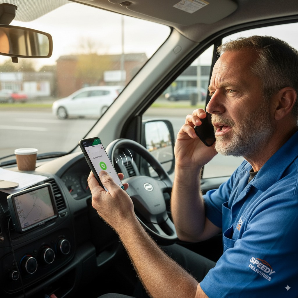 Driver in van using phone naturally - either pressed to ear or held near mouth on speaker