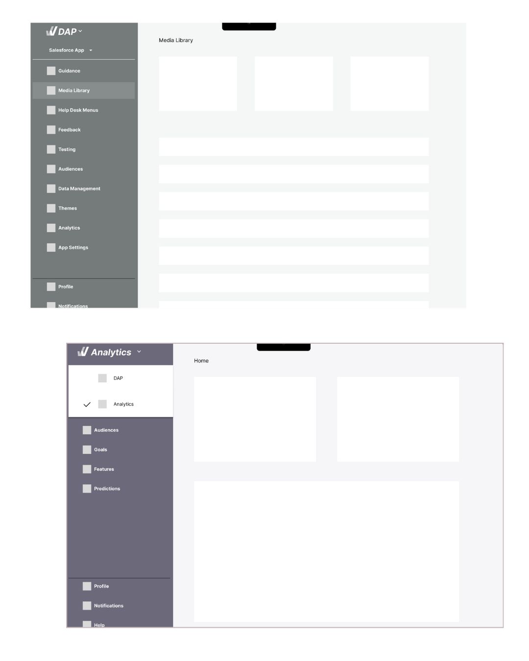 Interface prototypes showing DAP and Analytics navigation structures