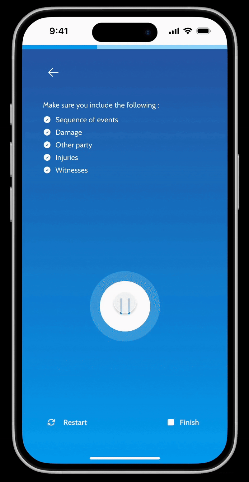 Pause and play interface showing animated states during recording and static states when paused